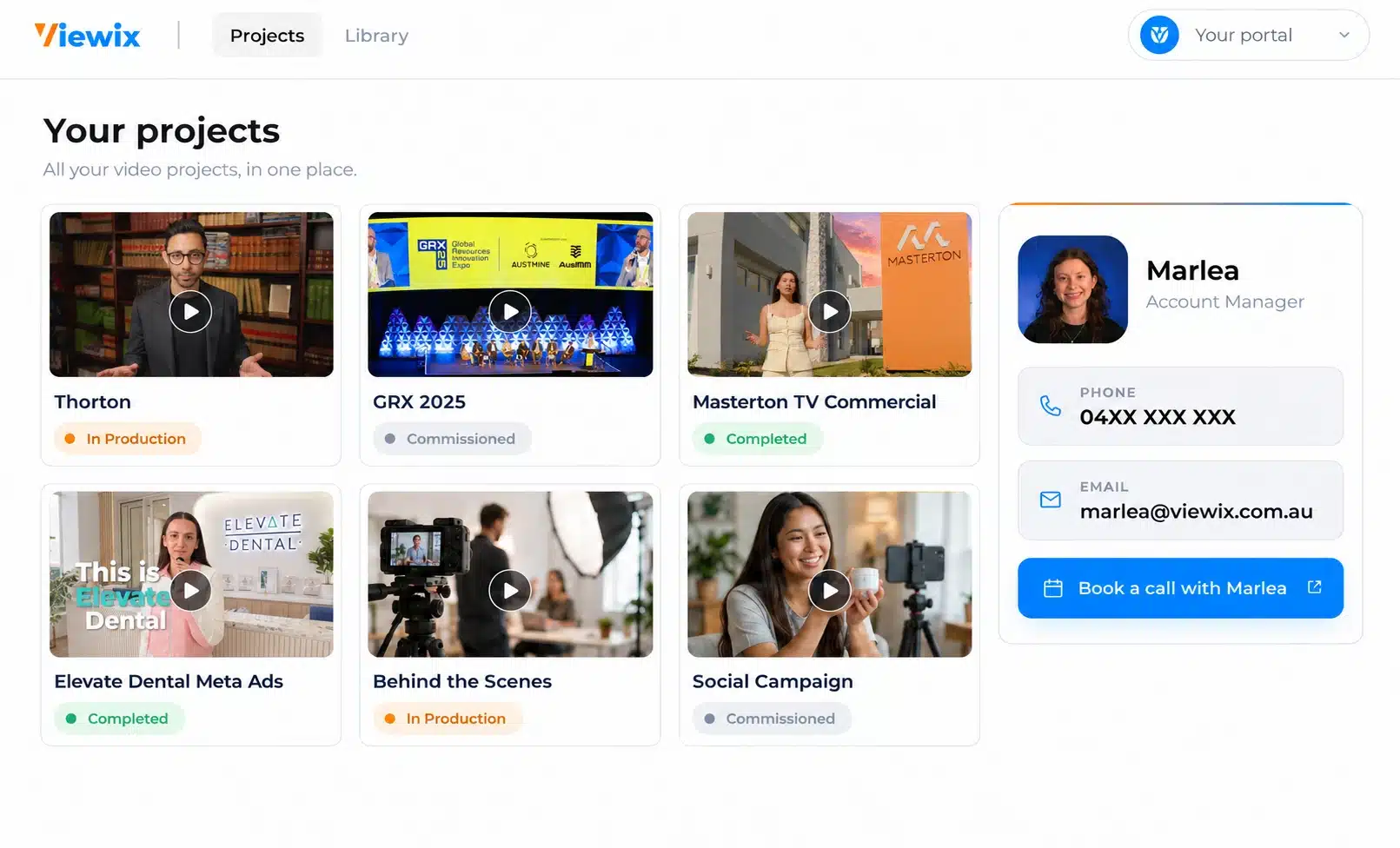 Viewix client dashboard showing every video project with its status and a direct line to the client's account manager